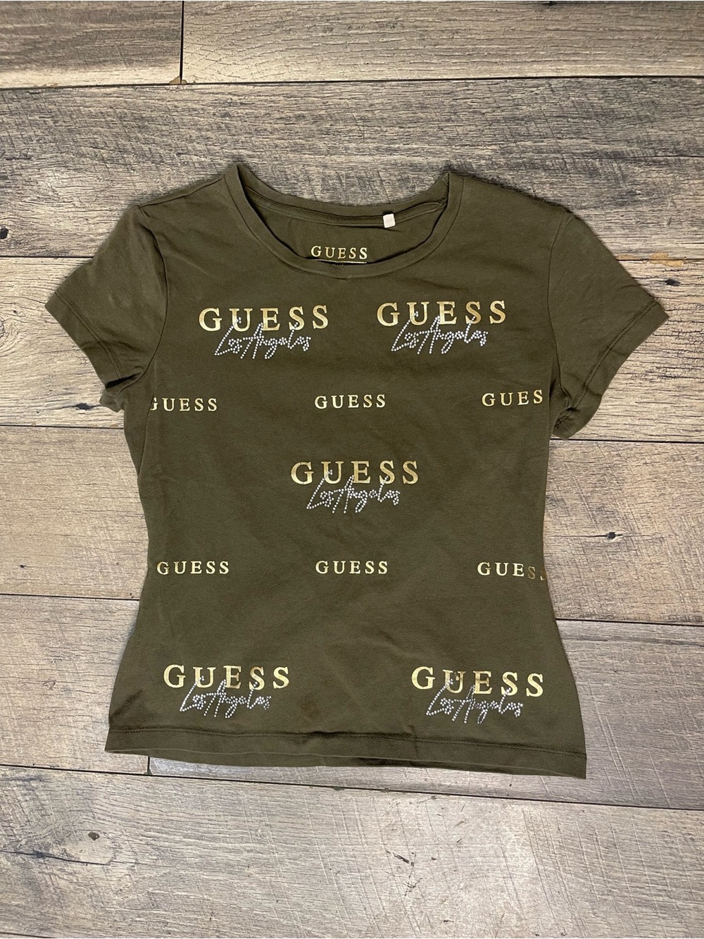 GUESS Olive Green Logo Repeat Short Sleeve Tee